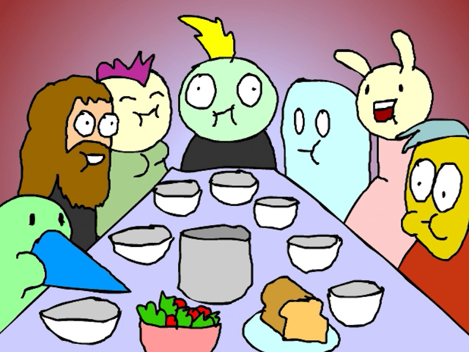 Cartoon image of a collection of colorful characters eating dinner at a long table